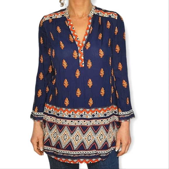 Lucky Brand Boho Tunic Small Blue Printed Boho V Neck - Picture 1 of 6